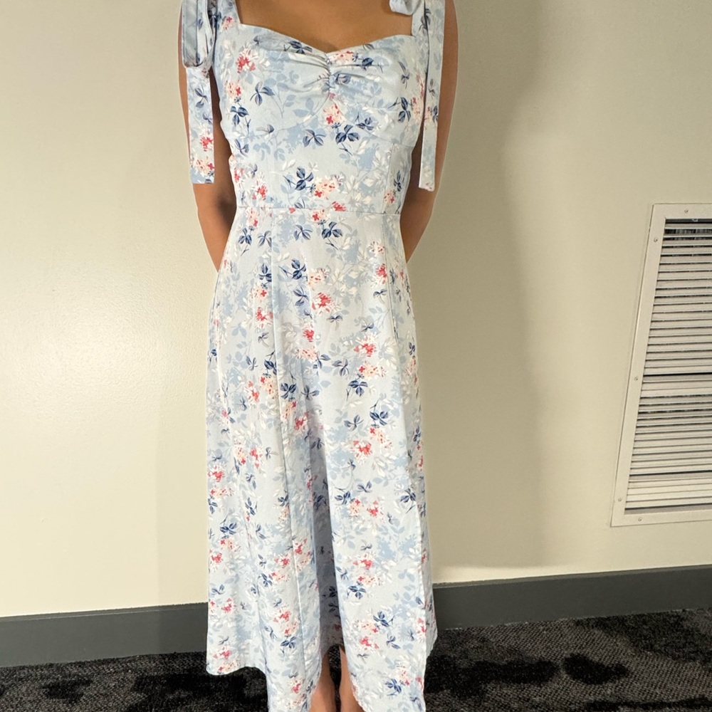 White and Blue Square Neck Midi Sundress for Wedding Guests